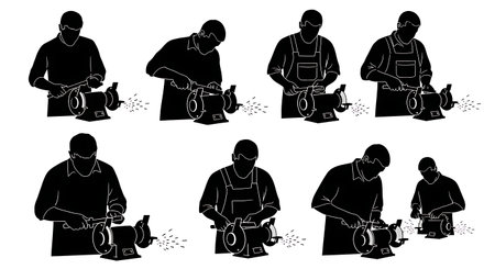 Black Solid Carpenter Tool Sharpening Silhouettes Set of Six on White Background isolated on plain white background.のイラスト素材