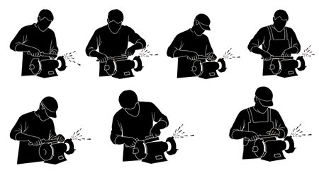 Black Solid Carpenter Tool Sharpening Silhouettes Set of Six on White Background isolated on plain white background.のイラスト素材
