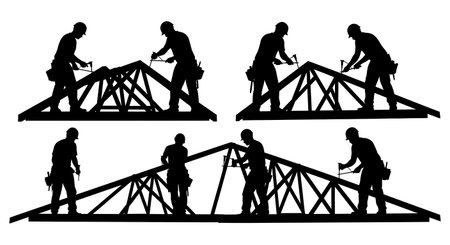 Black Solid Carpenter Roof Bracing Silhouettes Set of Six on White Background isolated on plain white background.のイラスト素材
