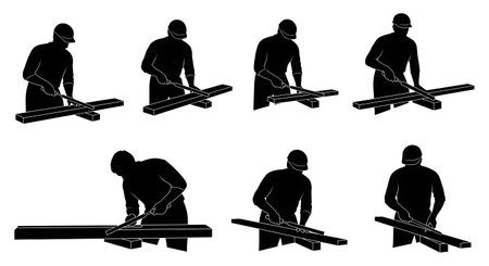 Black Solid Carpenter Using Rasp Silhouettes Set of Six on White Background isolated on plain white background.のイラスト素材
