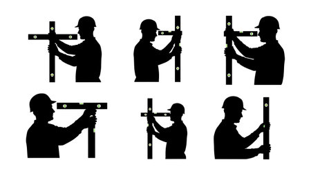 Black Solid Carpenter Spirit Level Silhouettes Set of Six on White Background isolated on plain...