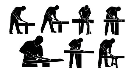 Black Solid Carpenter Using Rasp Silhouettes Set of Six on White Background isolated on plain white background.のイラスト素材