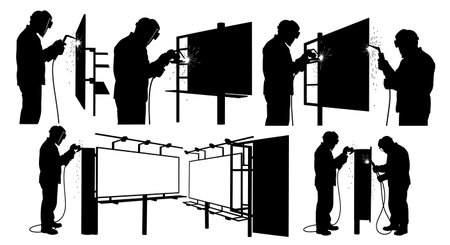 Black Solid Billboard Sign Frame Welder Silhouettes Set of Six on White Background isolated on plain white background.のイラスト素材