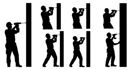 Black Solid Carpenter Power Drill Silhouettes Set of Six on White Background isolated on plain white background.のイラスト素材