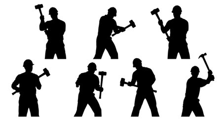 Black Solid Carpenter Sledgehammer Silhouettes Set of Six on White Background isolated on plain white background.のイラスト素材