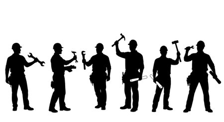 Black Solid Carpenter Passing Tools Silhouettes Set of Six on White Background isolated on plain white background.のイラスト素材
