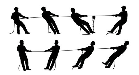 Black Solid Carpenter Pulling Rope Silhouettes Set of Six on White Background isolated on plain white background.のイラスト素材