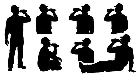 Black Solid Engineer Break Time Silhouettes Set of Six on White Background isolated on plain white background.のイラスト素材