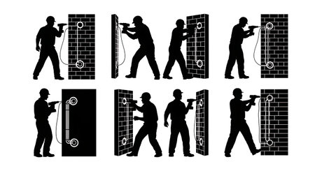 Black Solid Drilling Wall Electrician Silhouettes Set of Six on White Background isolated on plain white background.のイラスト素材