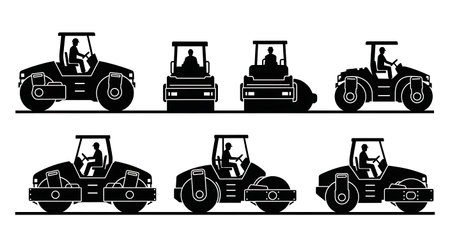 Black Solid Road Roller Asphalt Silhouettes Set of Six on White Background isolated on plain white background.のイラスト素材
