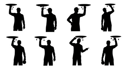 Black Solid Plumber Pointing Ceiling Leak Silhouettes Set of Six on White Background isolated on plain white background.のイラスト素材