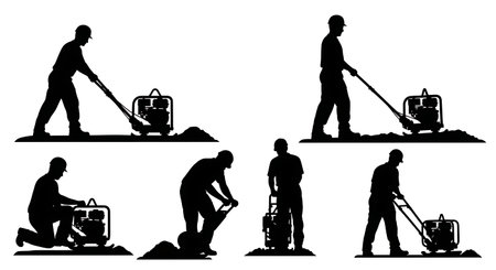 Black Solid Plate Compactor Handheld Silhouettes Set of Six on White Background isolated on plain white background.のイラスト素材