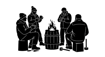 Black Solid Masons Warming by Fire Silhouettes Set of Six on White Background isolated on plain white background.のイラスト素材