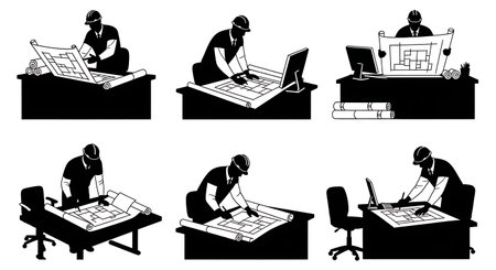 Black Solid Engineer Desk Review Silhouettes Set of Six on White Background isolated on plain white background.のイラスト素材