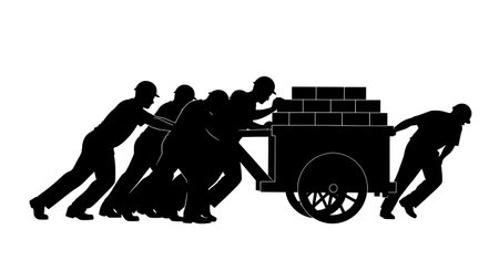 Black Solid Masons Pushing Cart Silhouettes Set of Six on White Background isolated on plain white background.のイラスト素材