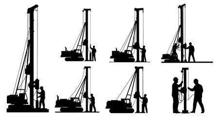 Black Solid Piling Rig Foundation Silhouettes Set of Six on White Background isolated on plain white background.のイラスト素材