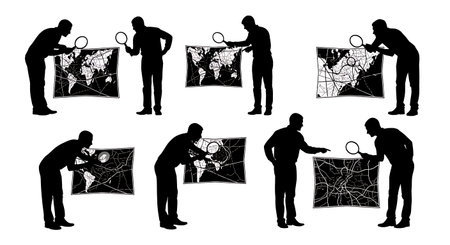 Black Solid Planner Magnifying Glass Silhouettes Set of Six on White Background isolated on plain white background.のイラスト素材