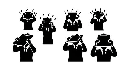 Black Solid Planner Shielding Head Silhouettes Set of Six on White Background isolated on plain white background.のイラスト素材