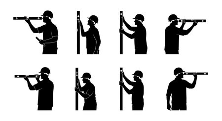 Black Solid Planner Spirit Level Check Silhouettes Set of Six on White Background isolated on plain white background.のイラスト素材