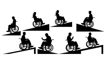 Black Solid Planner Wheelchair Test Silhouettes Set of Six on White Background isolated on plain white background.のイラスト素材