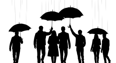 Black Solid Realtor Holding Umbrella Silhouettes Set of Six on White Background isolated on plain white background.のイラスト素材