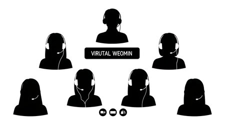 Black Solid Planner Virtual Meeting Silhouettes Set of Six on White Background isolated on plain white background.のイラスト素材