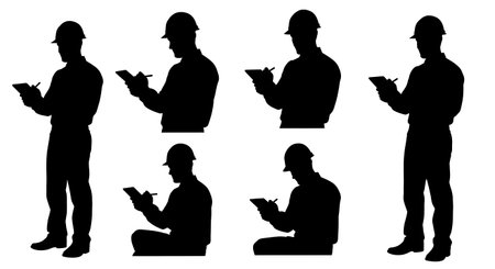 Black Solid Planner Tablet Stylus Silhouettes Set of Six on White Background isolated on plain white background.のイラスト素材