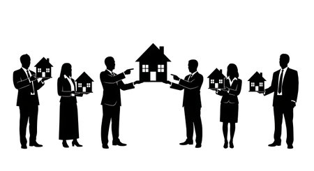 Black Solid Realtor House Model Silhouettes Set of Six on White Background isolated on plain white background.のイラスト素材