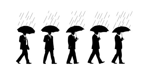 Black Solid Planner Umbrella Rain Silhouettes Set of Six on White Background isolated on plain white background.のイラスト素材