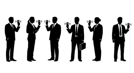 Black Solid Realtor Checking Thermostat Silhouettes Set of Six on White Background isolated on plain white background.のイラスト素材