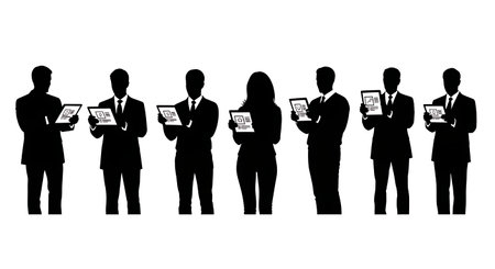 Black Solid Realtor Holding Tablet Silhouettes Set of Six on White Background isolated on plain white background.のイラスト素材