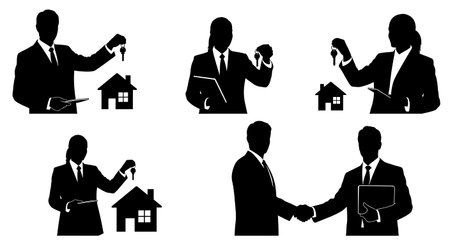 Black Solid Realtor Handing Keys Silhouettes Set of Six on White Background isolated on plain white background.のイラスト素材