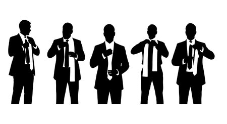 Black Solid Realtor Adjusting Tie Silhouettes Set of Six on White Background isolated on plain white background.のイラスト素材