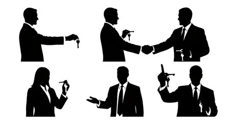 Black Solid Realtor Handing Keys Silhouettes Set of Six on White Background isolated on plain white background.のイラスト素材