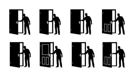 Black Solid Realtor Opening Door Silhouettes Set of Six on White Background isolated on plain white background.のイラスト素材