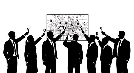 Black Solid Realtor Pointing Map Silhouettes Set of Six on White Background isolated on plain white background.のイラスト素材