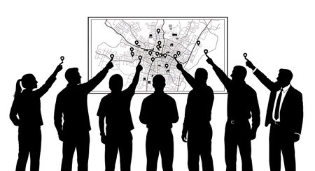 Black Solid Realtor Pointing Map Silhouettes Set of Six on White Background isolated on plain white background.のイラスト素材