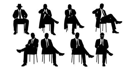 Black Solid Realtor Chair Backwards Silhouettes Set of Six on White Background isolated on plain white background.のイラスト素材