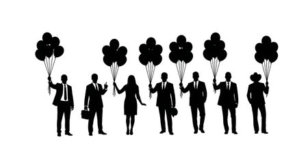 Black Solid Realtor Holding Balloons Silhouettes Set of Six on White Background isolated on plain white background.のイラスト素材
