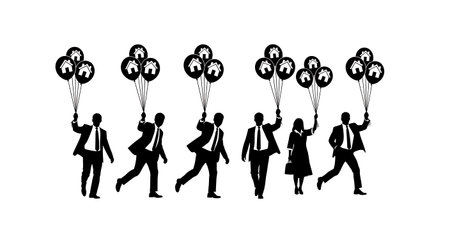 Black Solid Realtor Holding Balloons Silhouettes Set of Six on White Background isolated on plain white background.のイラスト素材