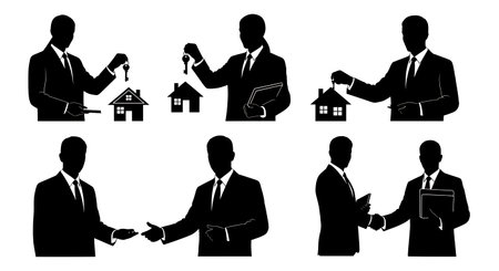 Black Solid Realtor Handing Keys Silhouettes Set of Six on White Background isolated on plain white background.のイラスト素材