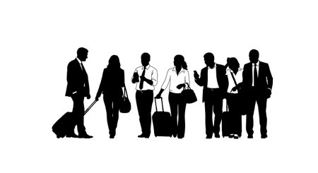 Black Solid Planner Traveling Suitcase Silhouettes Set of Six on White Background isolated on plain white background.のイラスト素材