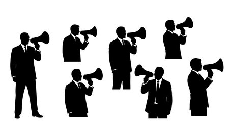 Black Solid Realtor Holding Megaphone Silhouettes Set of Six on White Background isolated on plain white background.のイラスト素材