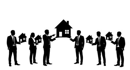 Black Solid Realtor House Model Silhouettes Set of Six on White Background isolated on plain white background.のイラスト素材