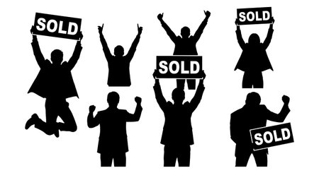 Black Solid Realtor Sold Sign Silhouettes Set of Six on White Background isolated on plain white background.のイラスト素材