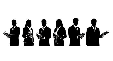 Black Solid Realtor Payment Machine Silhouettes Set of Six on White Background isolated on plain white background.のイラスト素材