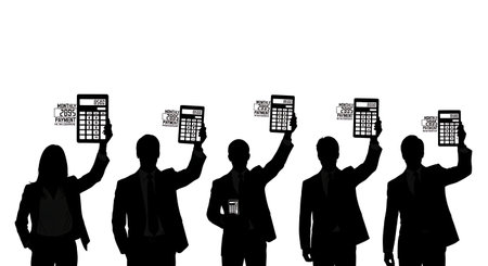 Black Solid Realtor Showing Calculator Silhouettes Set of Six on White Background isolated on plain white background.のイラスト素材