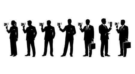 Black Solid Realtor Checking Thermostat Silhouettes Set of Six on White Background isolated on plain white background.のイラスト素材