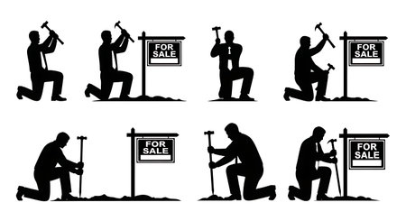 Black Solid Realtor Placing Sign Silhouettes Set of Six on White Background isolated on plain white background.のイラスト素材