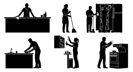 Black Solid Realtor Wiping Counter Silhouettes Set of Six on White Background isolated on plain white background.のイラスト素材
